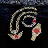 Stock Gold Men's Jewelry Set Alloy and Bling Rhinestone Iced Out Hip Hop Quartz Watch Bracelet Wing Pendant Necklace