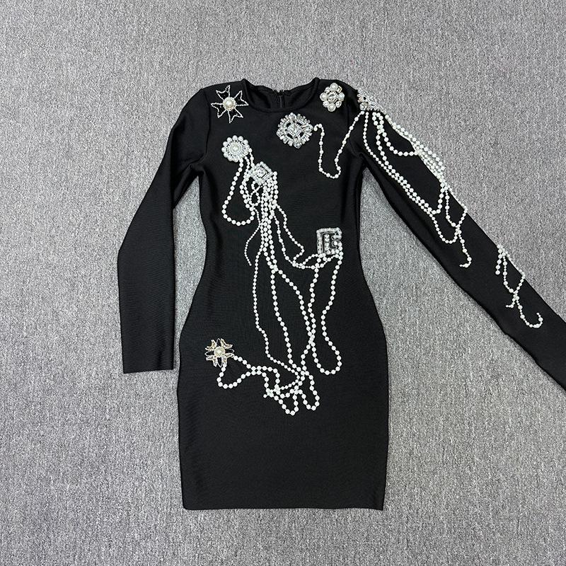 European & American Luxury Beaded Socialite Bandage Dress - Women s Evening Gown L чёрный