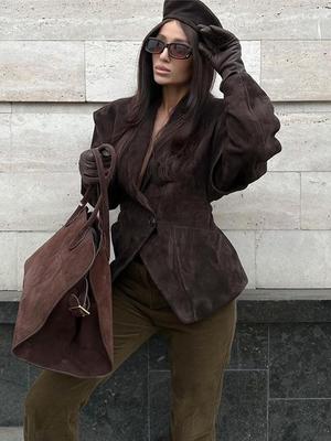 2025 European & American Retro Suede Jacket with Lapel, Long Sleeves & Waist-Gathering - Fashionable Commuter Style Outerwear