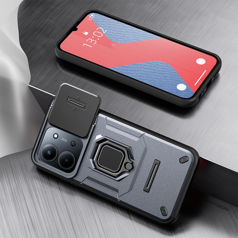 KEYSION Shockproof Armor Case for Redmi 15C 171mm 173mm Slide Camera Lens Protection Metal Ring Stand Phone Back Cover for POCO C85