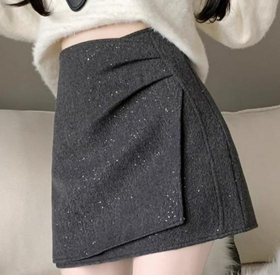 Girls  Sequin Tweed High-Waist A-line Skirt - Irregular Hip-Hugging Design for Autumn/Winter 5XL серый
