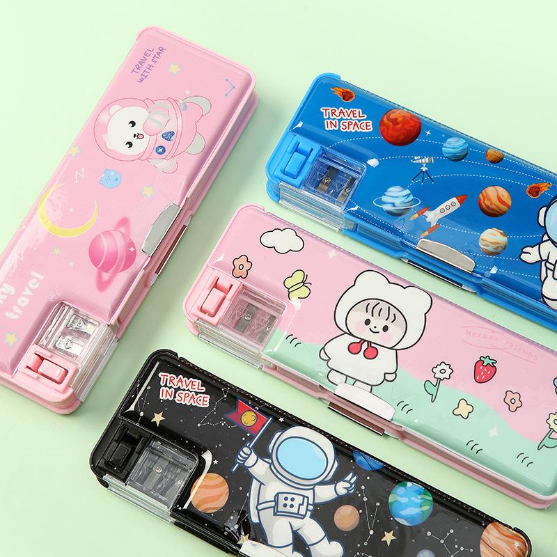 Multi-functional Double-Layer Pencil Case for Boys & Girls - Plastic, Simple Design for Kindergarten & Primary School Students