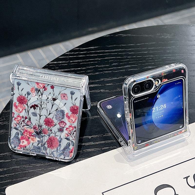 For Magsafe Magnetic 3PCS Case for Samsung Z Flip6 Flip5 Flip4 Shockproof Color Flower Pattern Transparent Pc Hard Slim Phone Case Cover