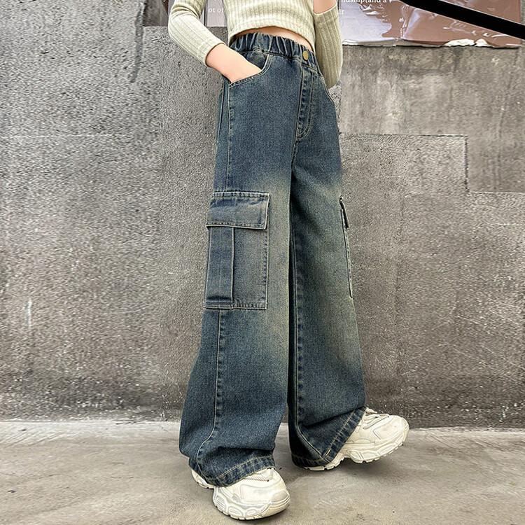Girls' Pants Spring and Autumn Retro Jean Denim Work Pants Girls' Straight Leg Pants Wide Leg Pants