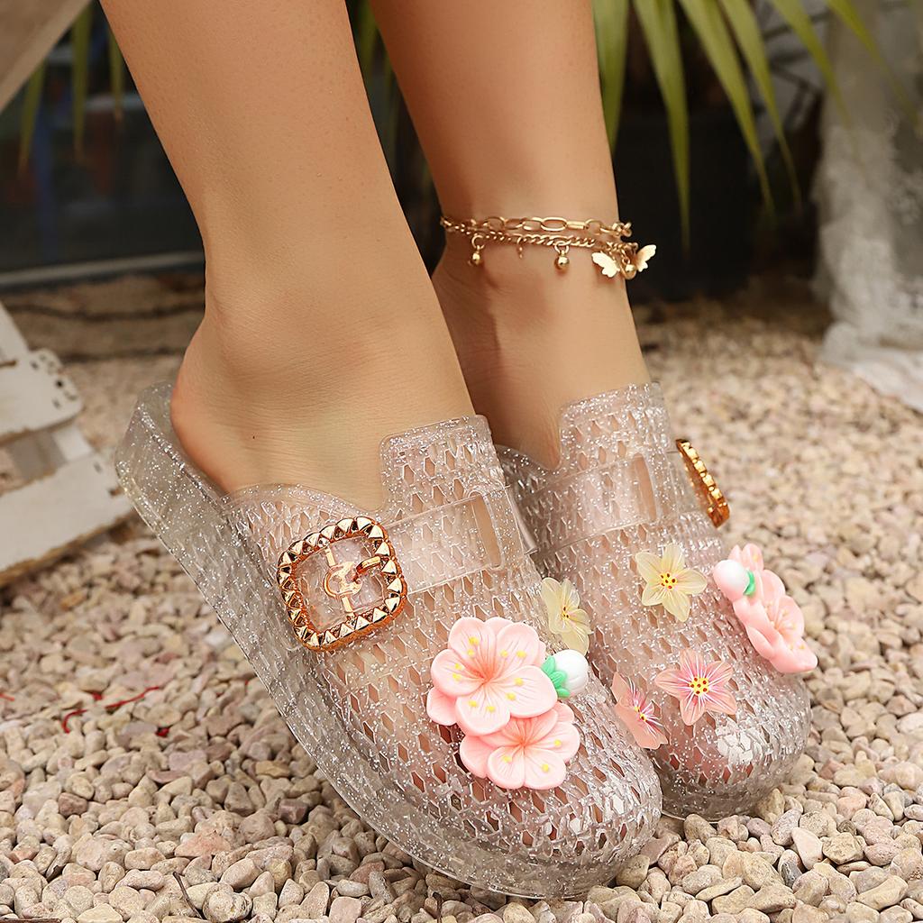 Women’s Jelly Woven Buckle Cork Round Close Toe Mule Comfort Slides Summer Beach Shoes Non-Slip Clogs Indoor&Outdoor Slippers Dress Sandals for Women
