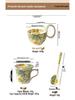 Ceramic Curved Handle Mug with Spoon and Saucer, Floral Design, Ideal for Breakfast, Oatmeal, Milk, Coffee.