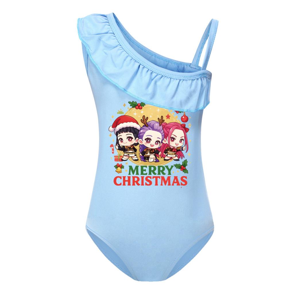 Детский купальник с мультяшным аниме K-pop принтом, рождественский купальник с оборками, цельный купальный боди 100cm