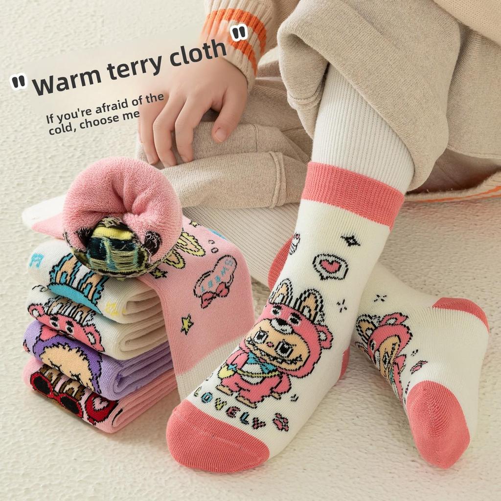 5 PAAR Labubu Kinder Socken Winter Verdickte Frottee Mädchen Mittel Socken Trendy Cartoon Warme Winter Dicke Socken