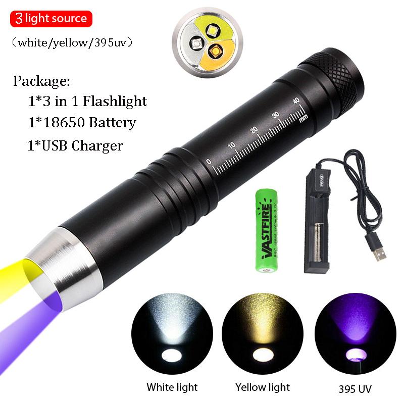 UV Led Flashlight Ultraviolet 365nm/395nm UV White Yellow 3 LEDs Lanterna Jade Jewelry Money Identification Pet Stains Marker