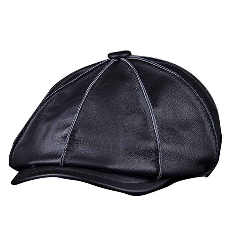 Men's 100%Genuine Cowhide Leather Warm Octagonal Cap Casual Vintage Newsboy Cap