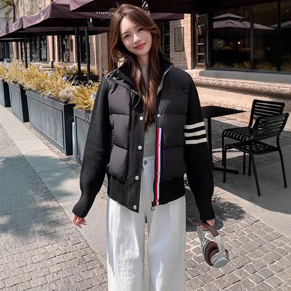 European trendy knitted splicing light down jacket women's winter fashion contrasting color striped stand-up collar casual jacket