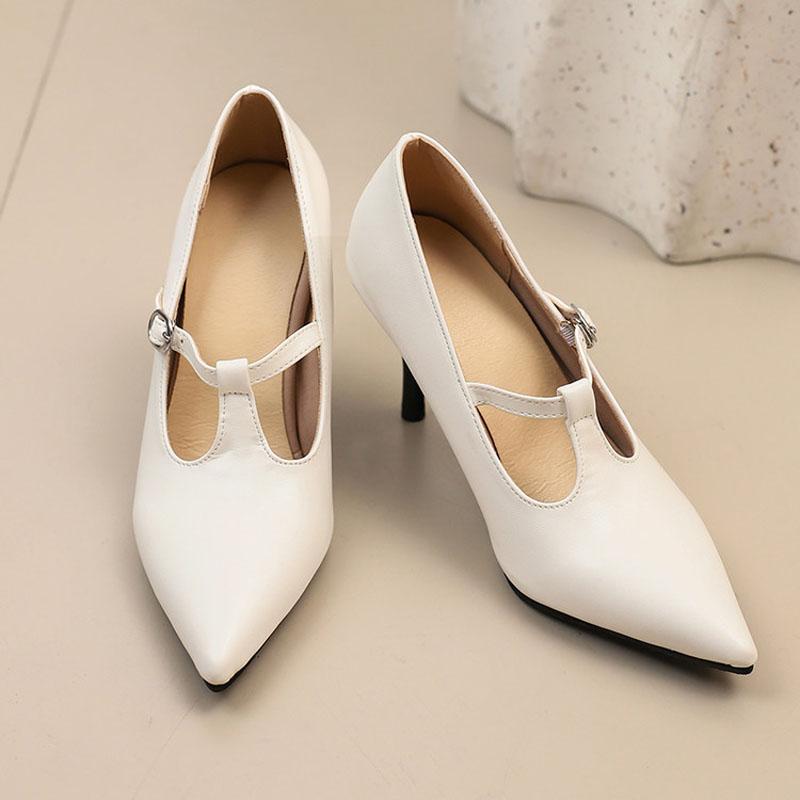 Faux Suede Pumps Women High Heel Shoes 8.5 cm Female T-belt Custom PU Leather Sexy Pointed Toe Thin Heels Working Shoes WSH5253