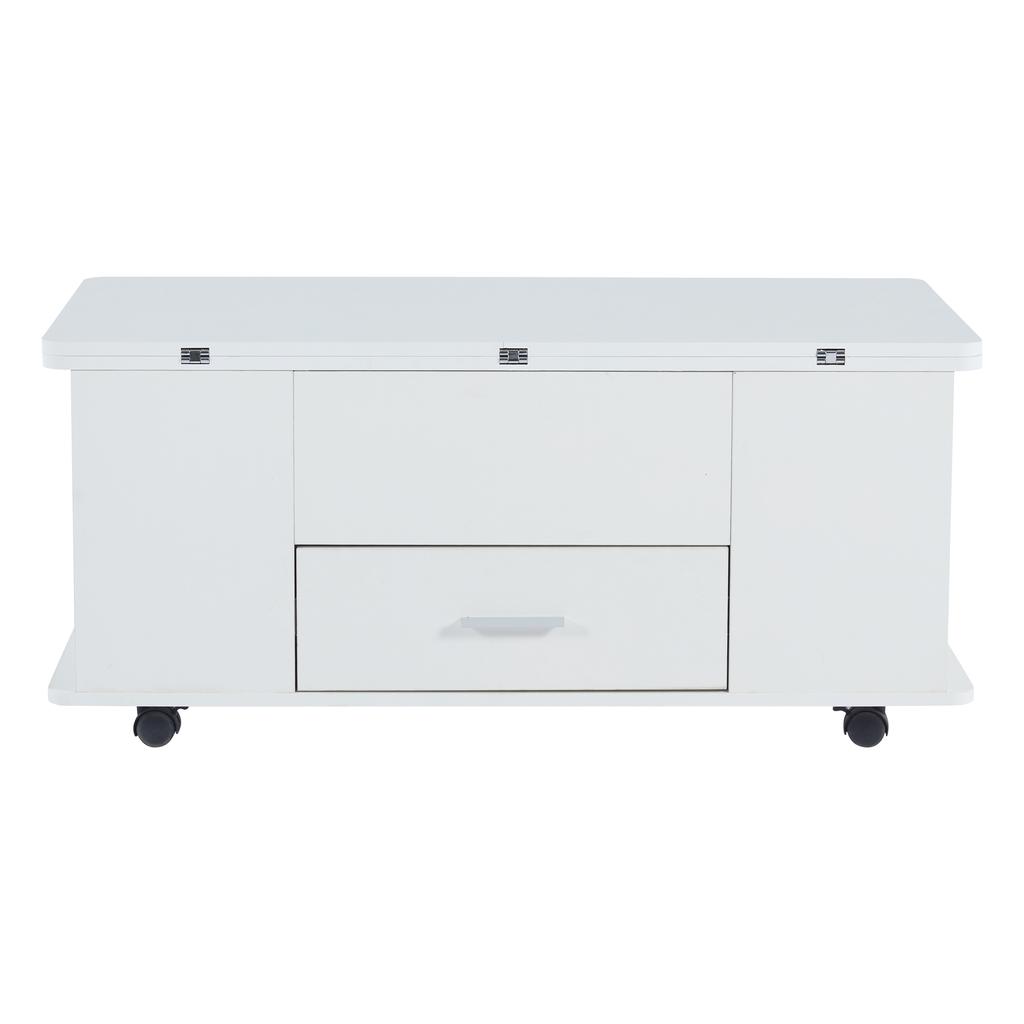 Mesa de centro, regulable en altura, mesa de sofá móvil, multifuncional 4 en 1, convertible en mesa de comedor de sala de estar, con cajones, 4 taburetes, blanco