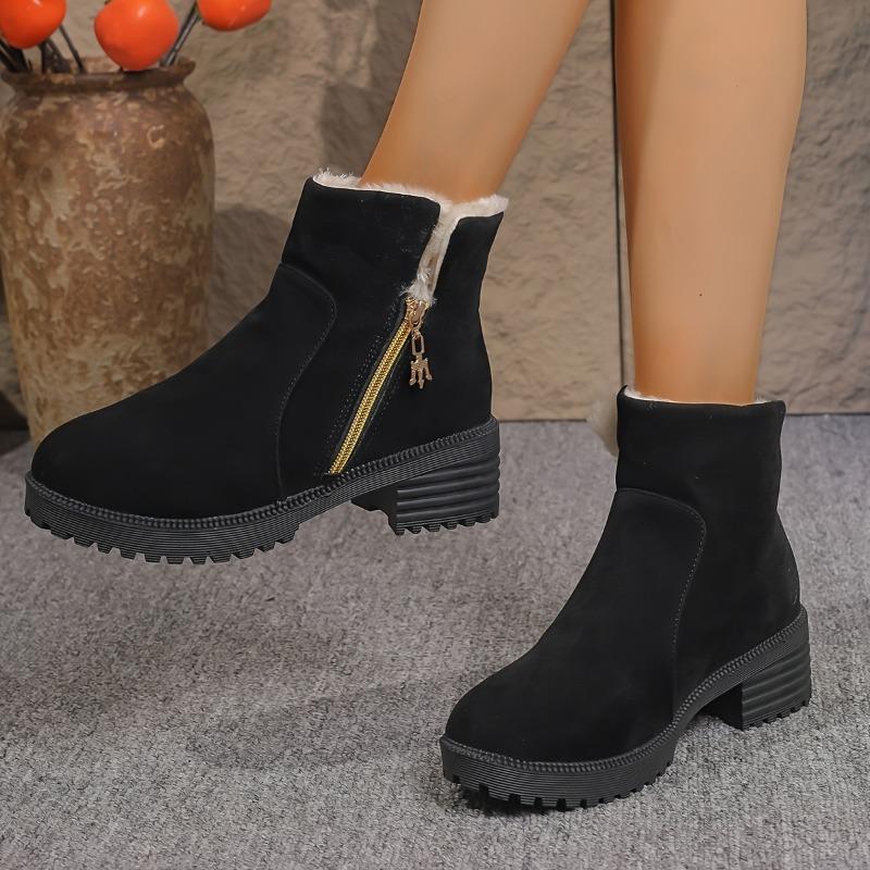 Fashion Winter New Square Heel Cotton Boots Fashion Round Toe Suede Side Zipper Platform Anti-Slip Wear-Resistant Booties