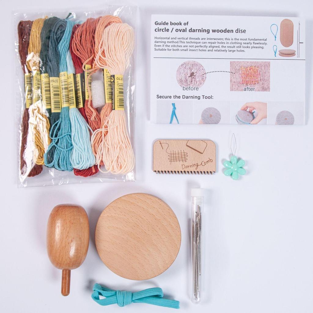 Sock Darning Kit Wooden Disc With 9 Needles Darning Egg Mending Sock With Threader And 10 Colors Sewing Threads For Sock Darning