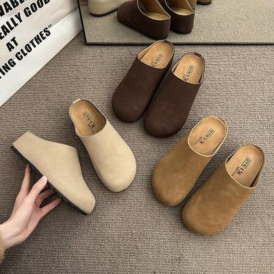 Zapatillas nuevas para mujer de punta cerrada y punta redonda, zuecos de ante, sandalias de otoño, nuevas retro, color sólido, suela plana, zapatos slingback para mujer