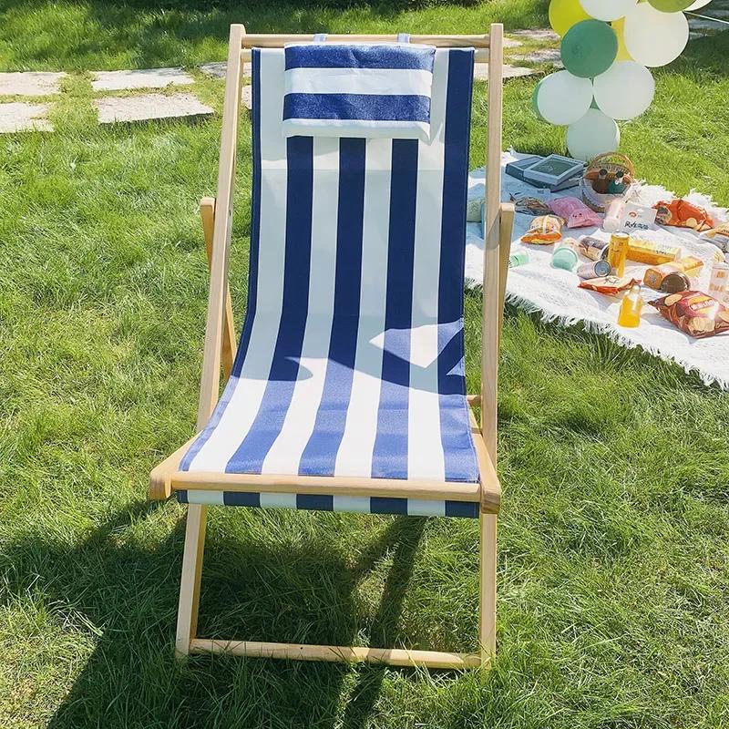 Outdoor Minimalist Beach Chair Modern Luxury Design Wooden Foldable Lounge Oxford Cloth Portable Comfortable Leisure Furniture