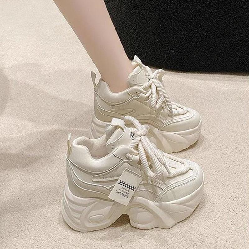 Fashion Women High Platform Sneakers Spring Autumn Lace-up Chunky Tennis Shoes Beige Thick Sole Casual Shoes Woman Sport Leather Sneaker