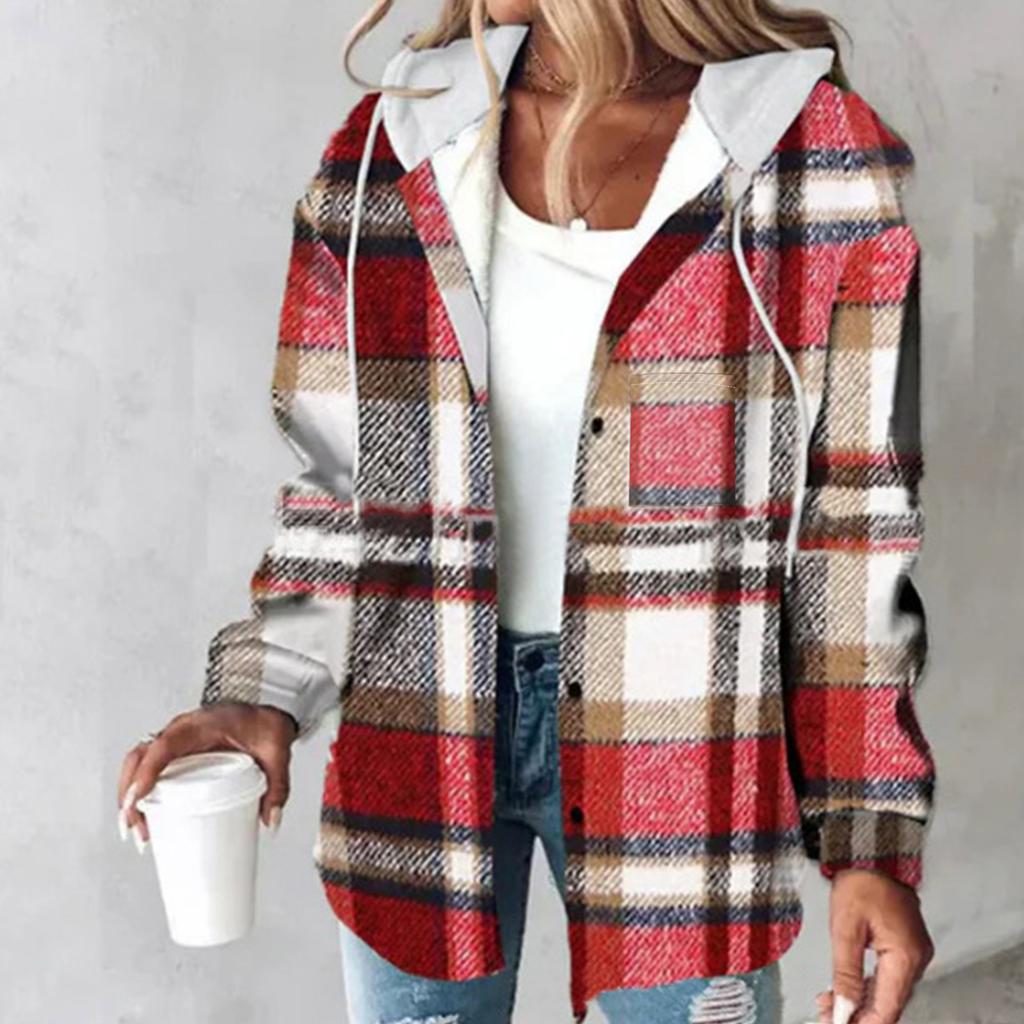 Women's Casual And Fashionable Large Plaid Pattern Patchwork Hooded Button Jacket