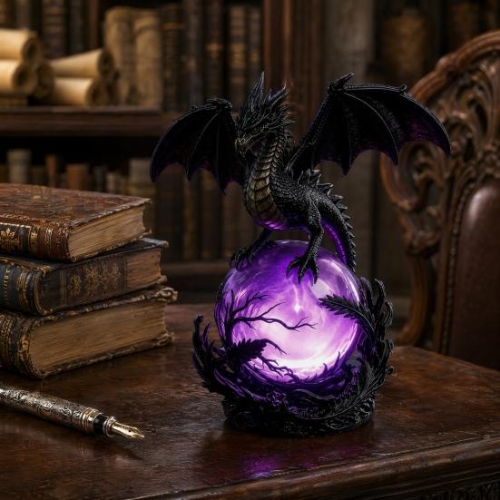 Dragon Faux Crystal Ball Lamp, Gothic USB Night Light, Dark Fantasy Resin Decor for Desk Bedroom, Halloween Gift for Gothic Lovers