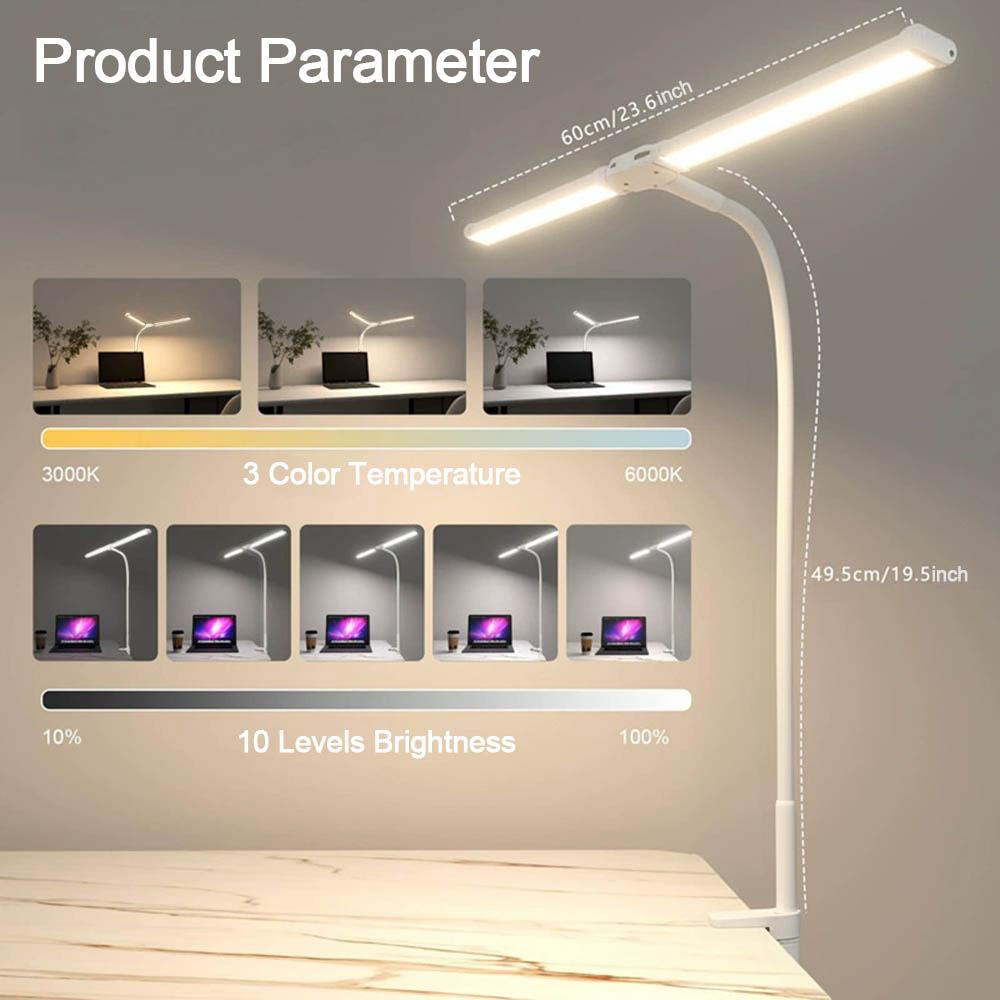 Double-arm LED Desk Lamp, Eye Protection LED Table Lamp with 3 Colours and 10 Brightness Levels, Office Gooseneck Table Lamp