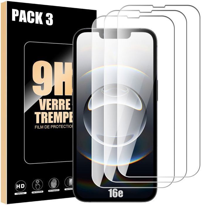 Film de protection en verre trempé - iPhone 16e - 3 pièces - Résistant aux chocs - Antirayures - Transparent