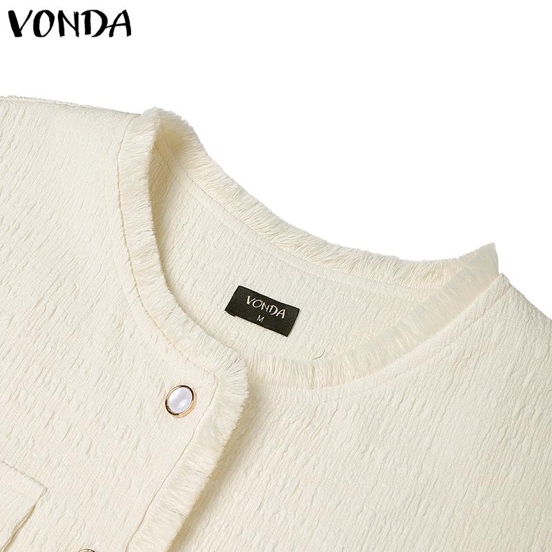 VONDA Elegant Women Short Sleeve Furry Hem Buttons Down Texture Casual Blouse