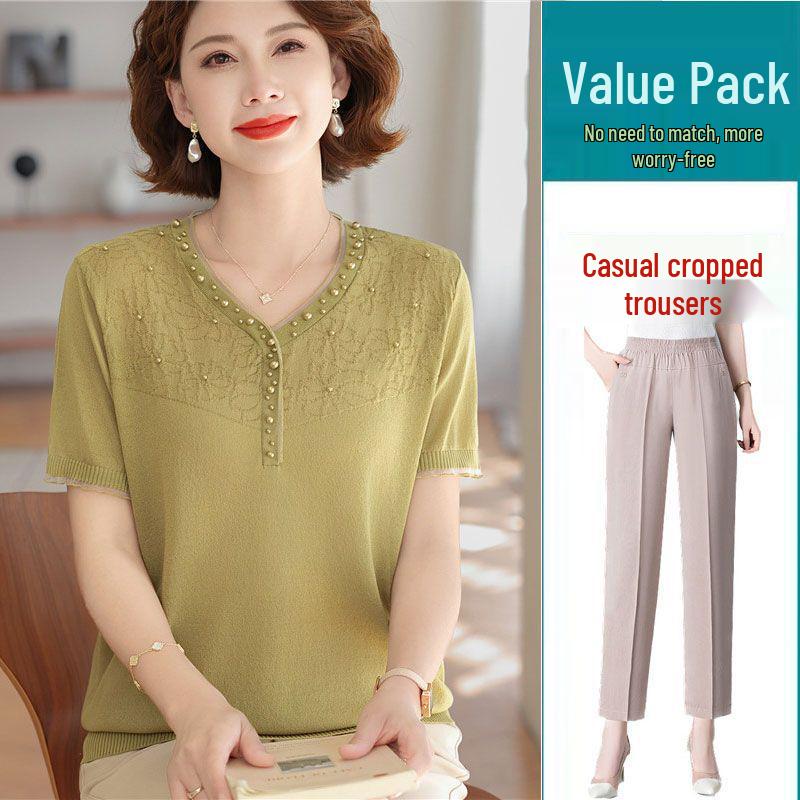 Mom's Summer Ice Silk V-Neck Short-Sleeve T-Shirt for Middle-Aged & Elderly Women - Loose Plus Size Top Set