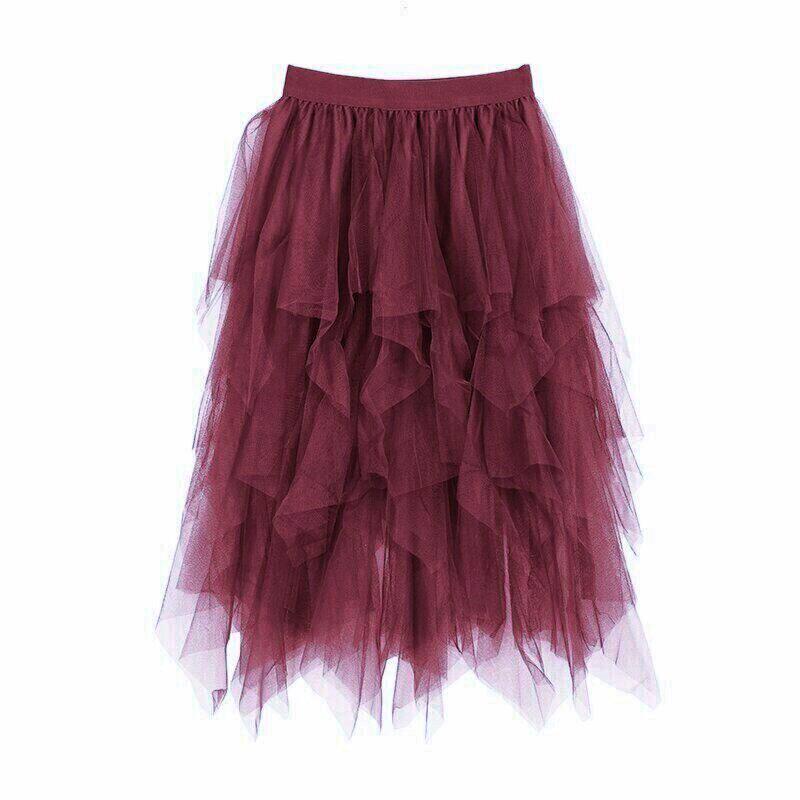 Women's High-Waisted Irregular Mesh Layered Skirt - Mid-Length Slimming Fairy Fluffy Design