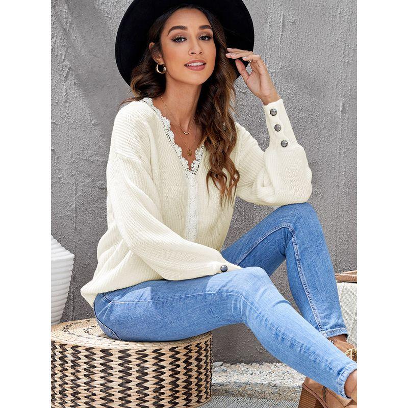 Fall and Winter Lace V-neck Loose Cropped Pullover Sweater