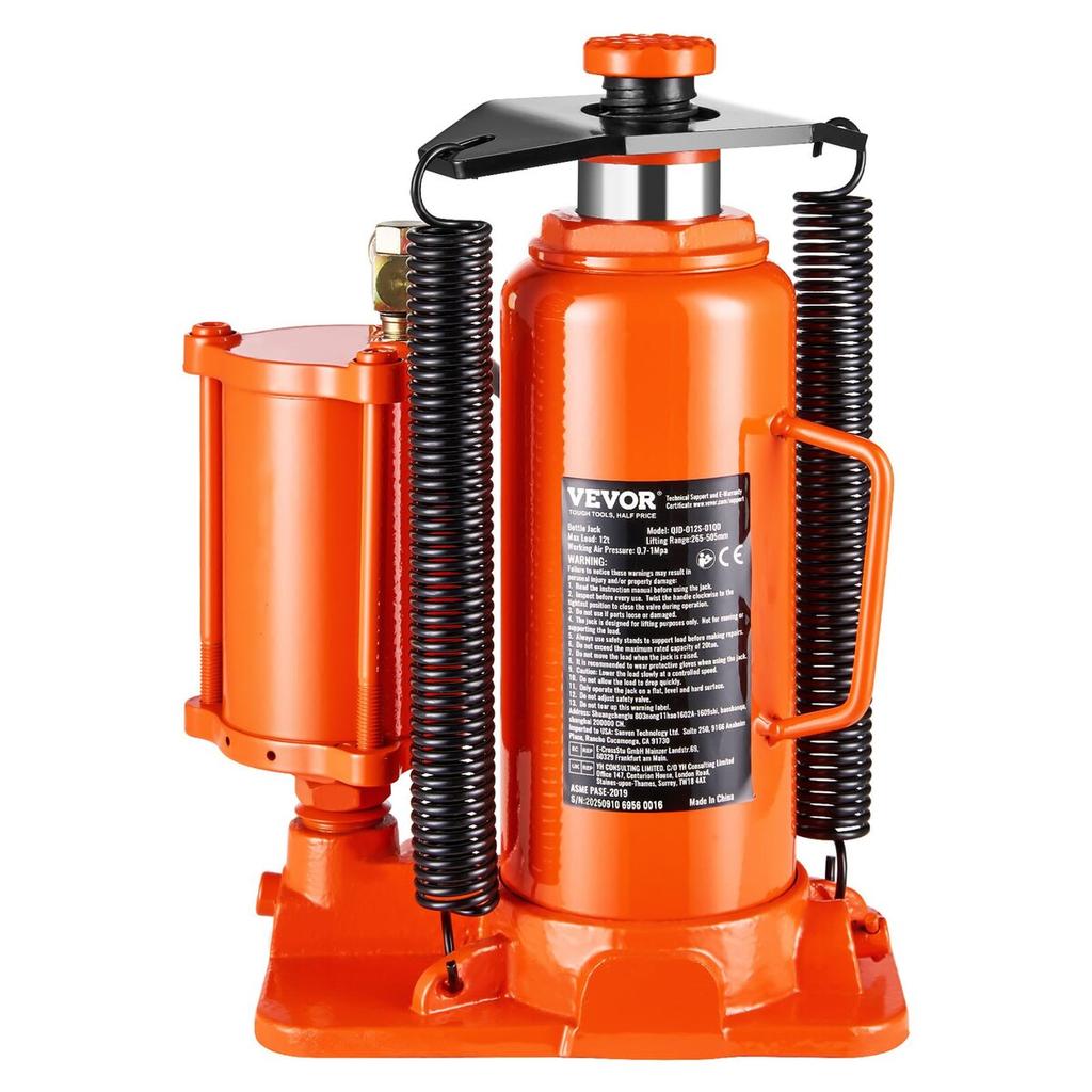 Air Hydraulic Bottle Jack, 12 Ton Max Load Capacity, 265-505 Mm Lifting Range, Pneumatic/Manual Heavy Duty Welded Bottle Jack with Hand Pump for SUV,