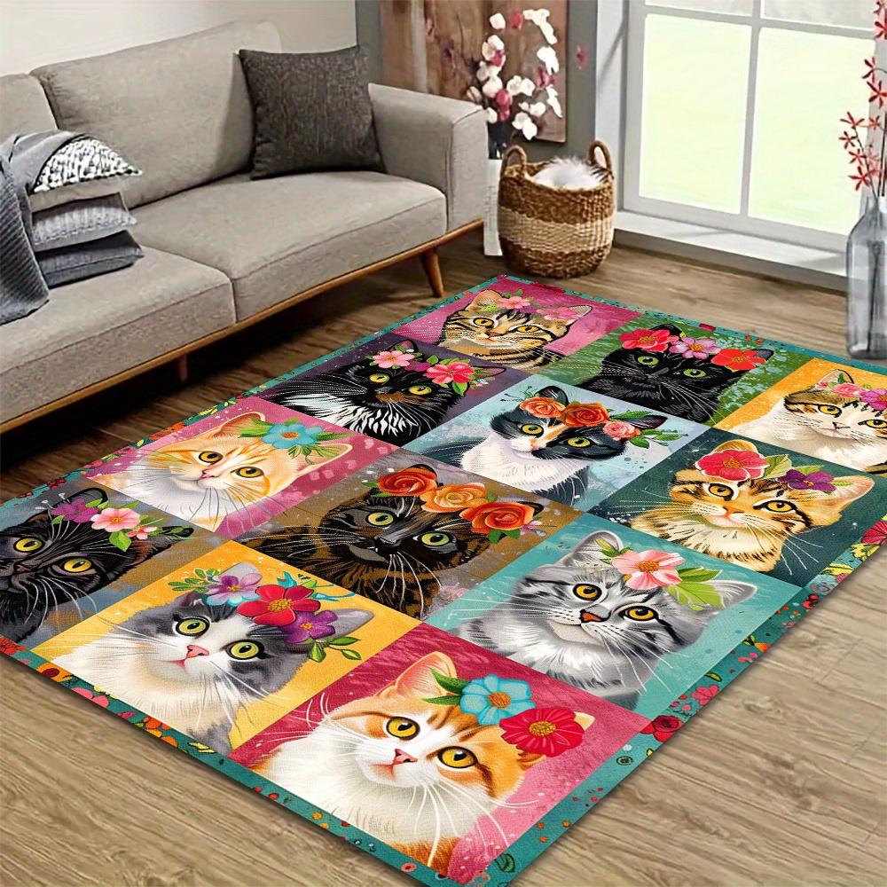 Cute Cats Wearing Flowers,Colorful Creative Puzzle Vintage Pattern Carpet,Office Chair Rug Decoration,Holiday Gift,800G/M2