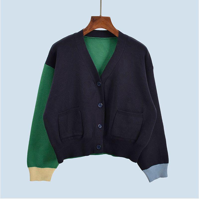 Loose Laid-Back Preppy Style Long Sleeves Retro Color-Block V Neck Knitting Outwear Female Spring Autumn Outerwear Slimming Sweater Cardigan