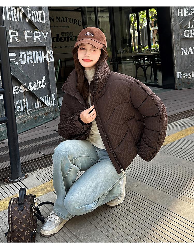 Women’s Short Stand Collar Houndstooth Windproof Thicken Warm Winter Jacket