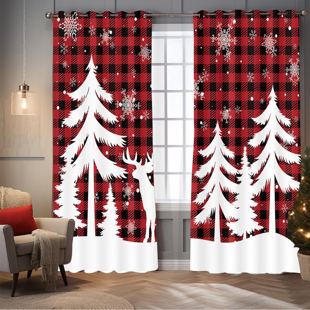 Blackout Christmas Reindeer Print Perforated Curtains Multiple Size Bedroom Insulation Holiday Decoration Easy Installation Curtain Set Of 2 Made