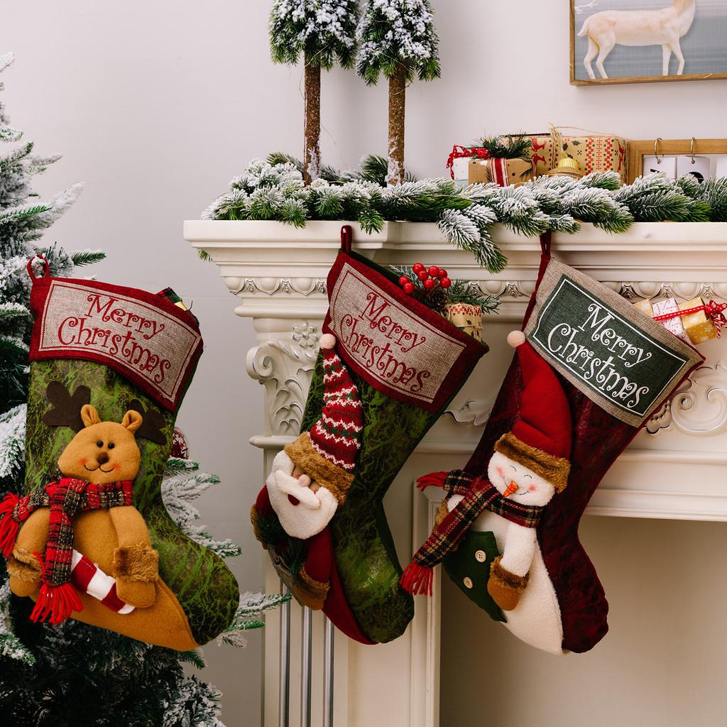 Holiday Stockings Christmas Featuring Santa Snowman And Reindeer For Kids Gift Giving