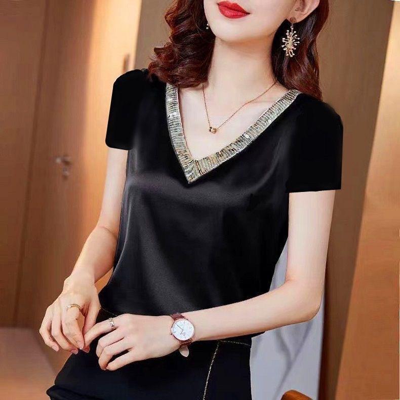 Women's Summer V-neck Short Sleeve Loose T Shirt Elegant Beautiful Temperament Top
