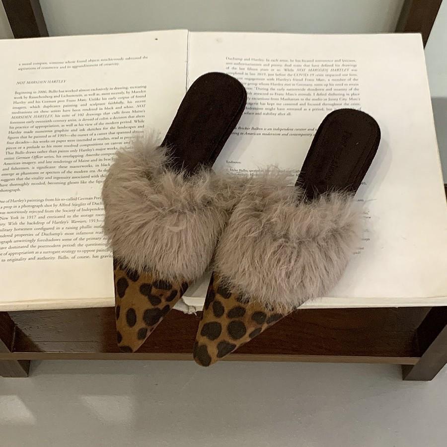 White Fluffy High Heels Pointed Slippers Women Wear Autumn and Winter Plush Fluffy Shoes Temperament Thin Heel Bag Head Sandals Men