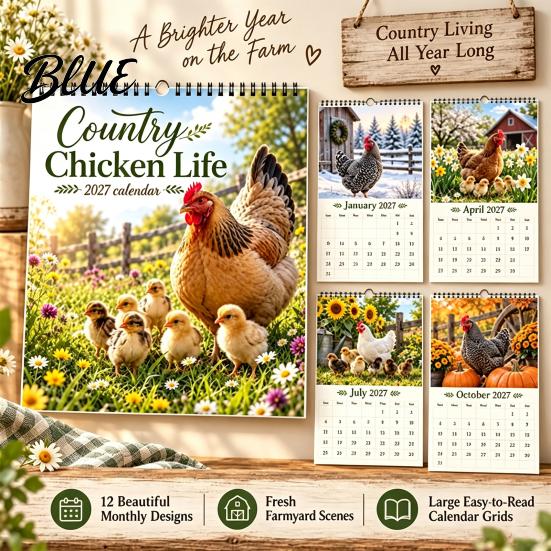 Wall Hanging Date Planner with Calendar 12-Month Country Chicken Tracker 2027 Farm Life Spiral Yearly