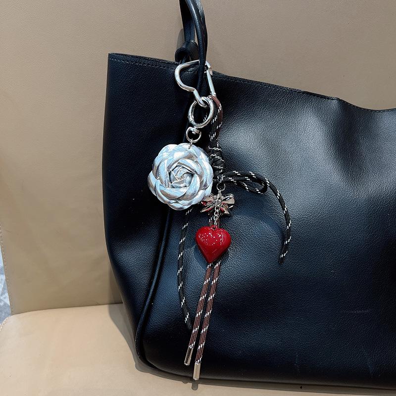 Trendy style camellia flower Backpack pendant Hand woven rope Hangings love heartKey Chain