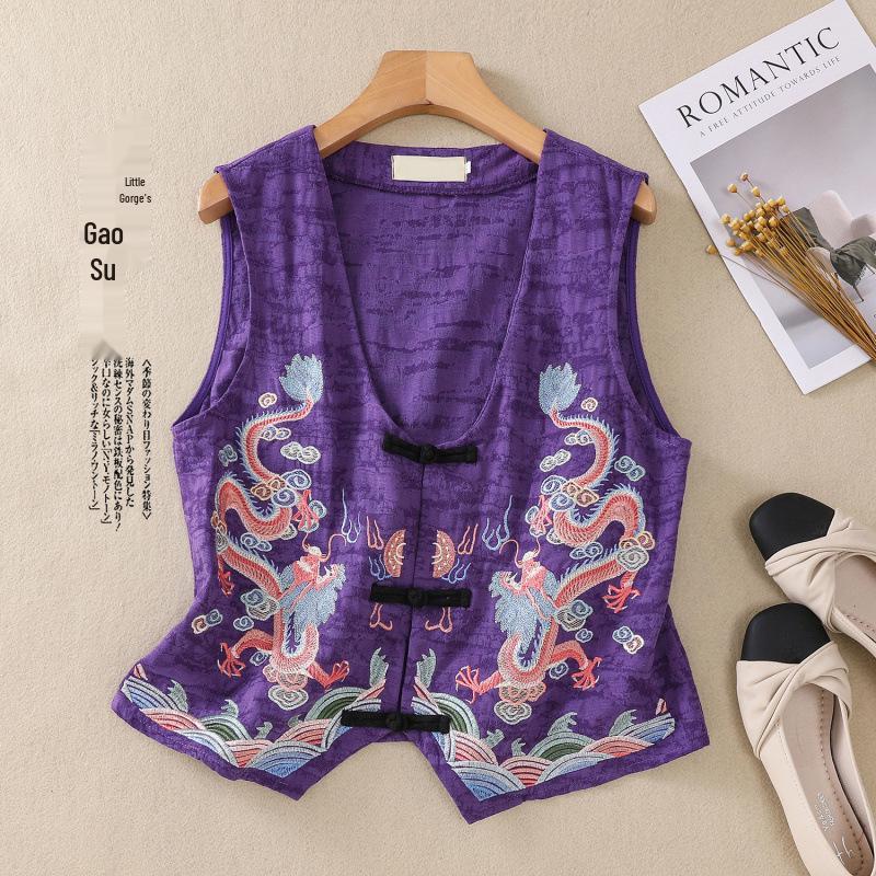 2026 Spring/Summer Retro Ethnic V-neck Embroidered Cotton Linen Sleeveless Vest for Women