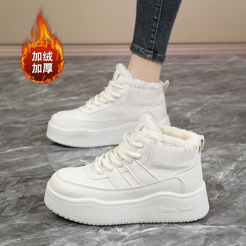 

High-top little white shoes women s leather thick-soled round head splicing velvet sports shoes 2024 spring and autumn versatile casual board shoes 41 бежевий