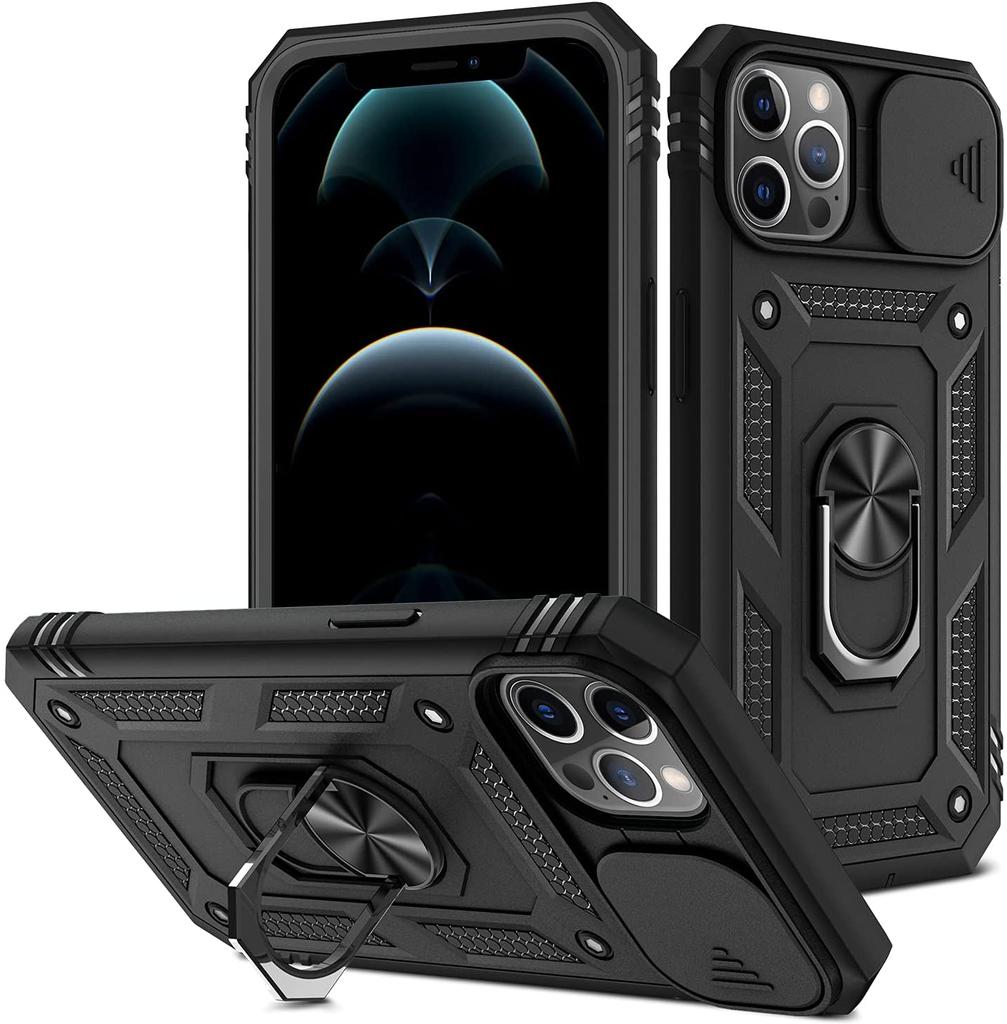 iPhone 12 CASE SLIDE ARMOR DEFENDER BLACK RING + GLASS