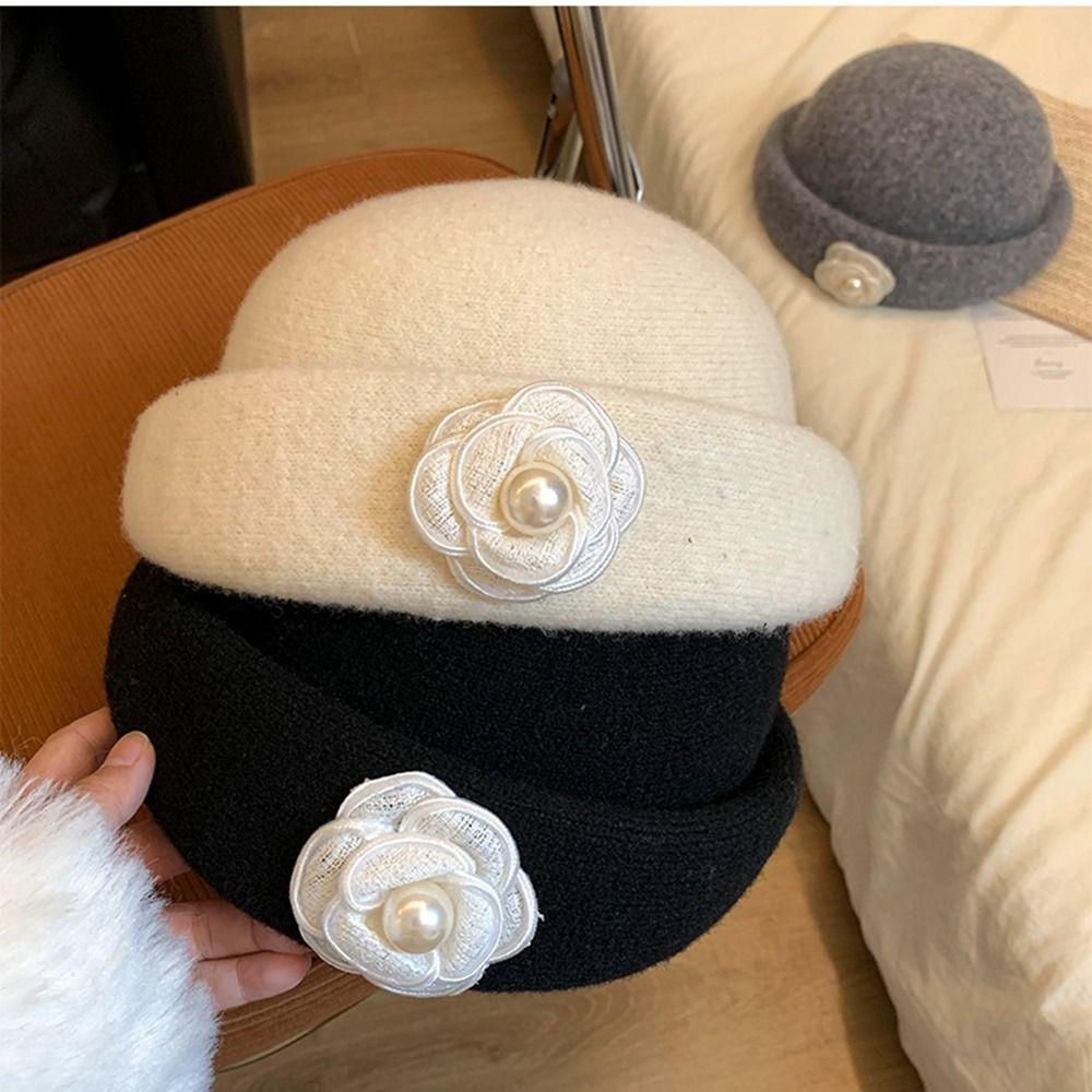 Camellia Flower Hepburn Style Topper Hat Pearl Wool Fisherman Hat Fashion Women Formal Hat Girl