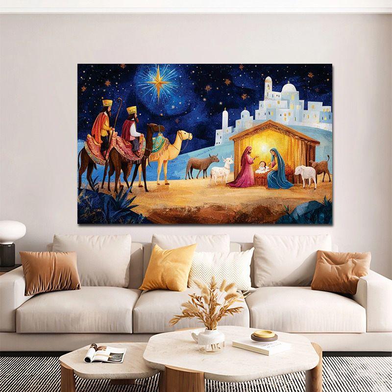 Retro Religious Nativity Scene Tapestry, Vintage Aesthetic Wall Hanging, Living Room Bedroom Holiday Decor