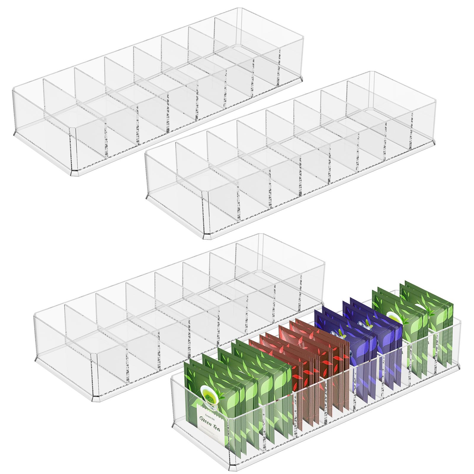 

4Pcs Tea Bag Storage Box Acrylic Transparent Tea Packet Drawer Organizer with 8 Divider for Kitchen Cabinet Countertop