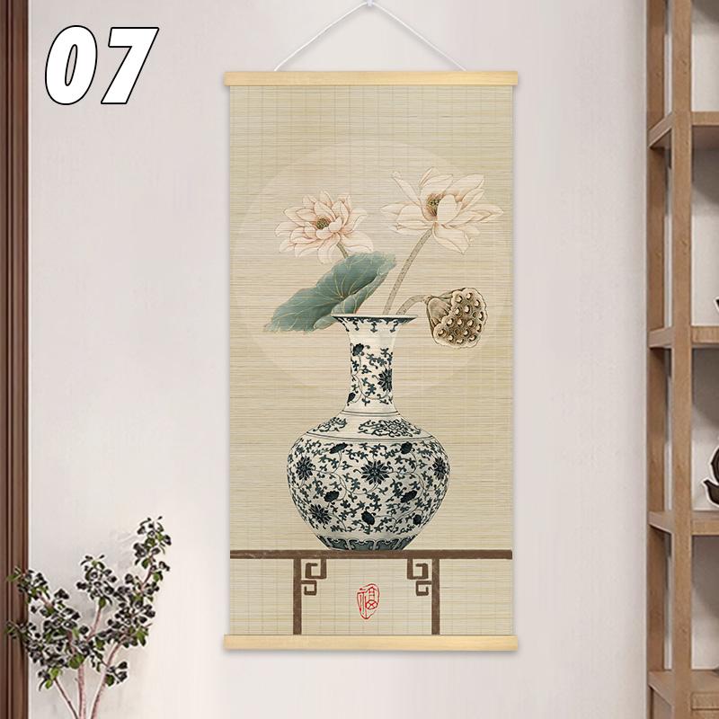Chinese Style Bamboo Curtain Roller Lotus Flower Study Zen Tea Room Hanging Painting Background Decor Rolling Curtain Mural