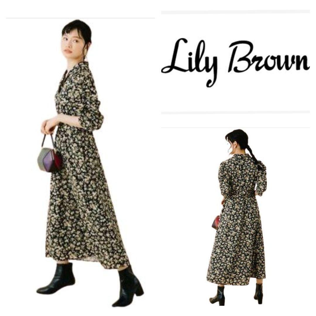 [Lily Brown] One Piece Flower Print Floral Pattern Black F Vintage Style Lily Brown Long Length Retro Dinner Invitation Anonymous Shipping