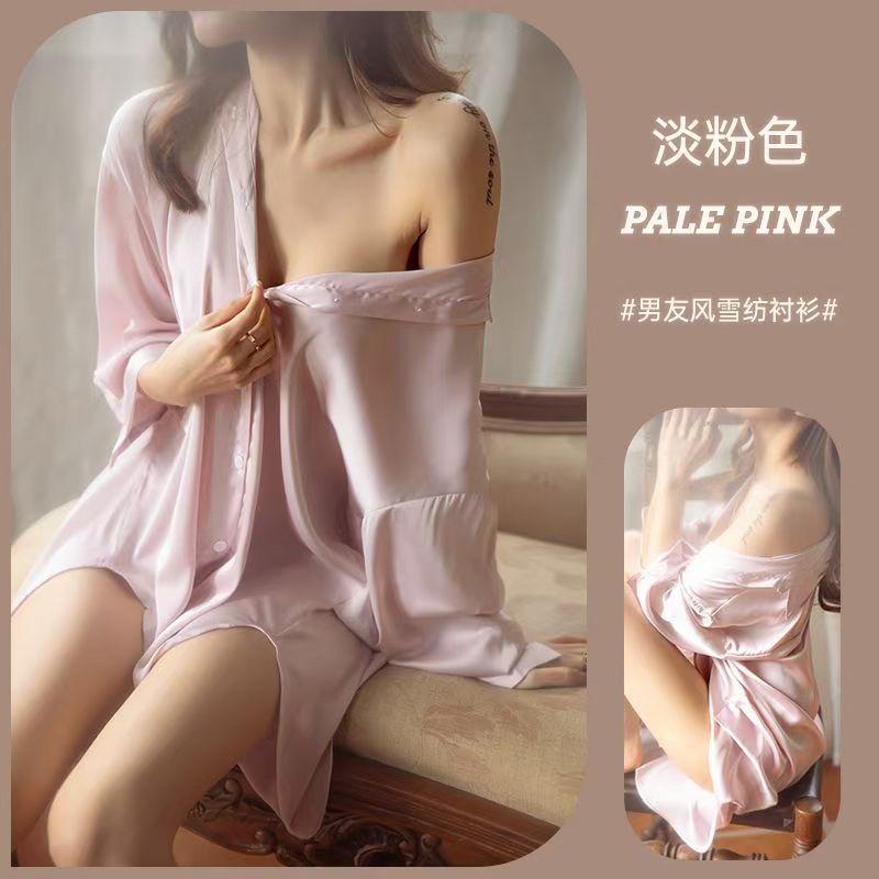 New Spring/Summer Shirts White Sleepwear Loose-Fit Mid-Length Cardigan-Style Long-Sleeve Shirts