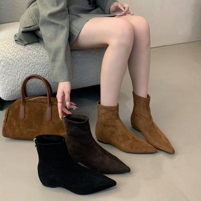Marque tendance automne et hiver nouveau simple daim mat bottes chaussettes plates talon plat bottines fines tempérament pointues bottines courtes femmes